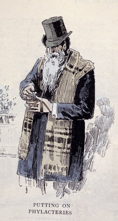 Joodse religie: een oude Joodse man die de gebedslime draagt (Talit of Tzitzit), gravure uit 1890 door Unknown artist