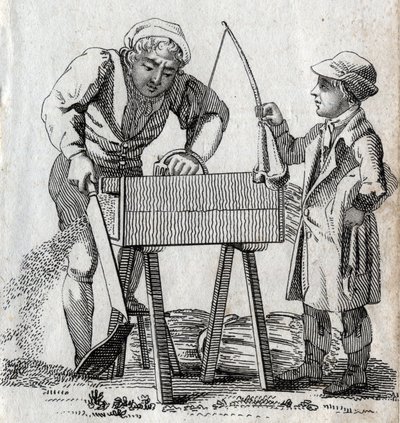 Timmerman en leerling. Gravure eind 18e eeuw. Privécollectie door Unknown artist