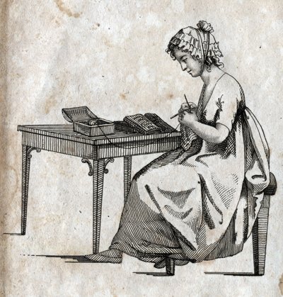 Breimachine: vrouw bezig met het breien van wol. Gravure eind 18e eeuw. Privécollectie. door Unknown artist