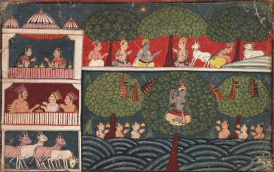 Krishna Steelt de Kleren van de Melkmeisjes en Verklaart de Deugd van Bomen, uit een Braj Bhagavata Purana door Unknown artist