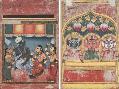 Krishna met Radha en Twee Bedienden (recto); Jagannath, Subhadra en Balarama in een Boog (verso) door Unknown artist