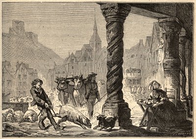 De grote straat op een marktdag in Dol de Bretagne - gravure in 