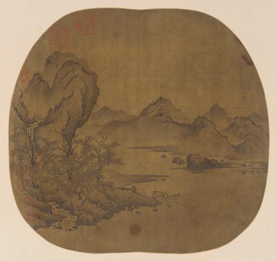 Landschap: een waterval die in een brede stroom valt; verre bergen door Unknown artist