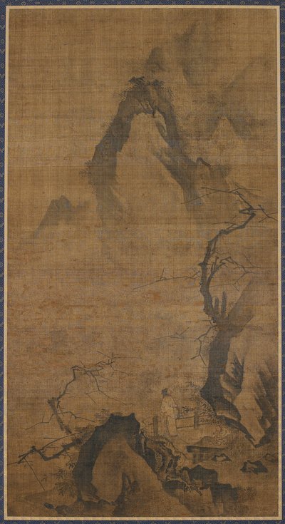Landschap: berg en water; een figuur onder een pruimenboom door Unknown artist