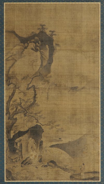 Landschap: bergen en water; een figuur onder een pijnboom door Unknown artist