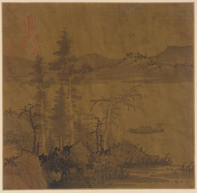 Landschap: rivier en boot, hoge bomen en verre heuvels door Unknown artist