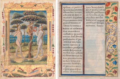 Blad uit een Getijdenboek: Adam en Eva en de Val van de Mens (Inleidende Miniatuur bij het Officie van de Maagd) (recto) en Tekst met Geïllustreerde Rand (verso) (1 van 3 Verwijderde Bladen) door Unknown artist