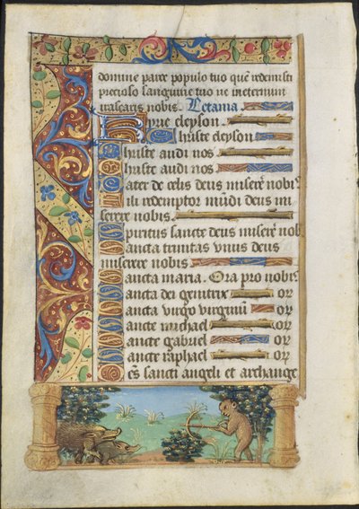 Blad uit een Getijdenboek: Aap die Wilde Zwijnen Jaagt (recto) door Unknown artist