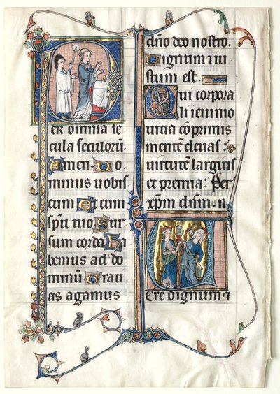 Blad uit een Missaal met Twee Geïllustreerde Initialen: Initiaal P[er omnia saecula saeculorum] (Een Priester viert Mis) en Initiaal V[ere dignum et iustum est] (Ecclesia en Synagoge) door Unknown artist