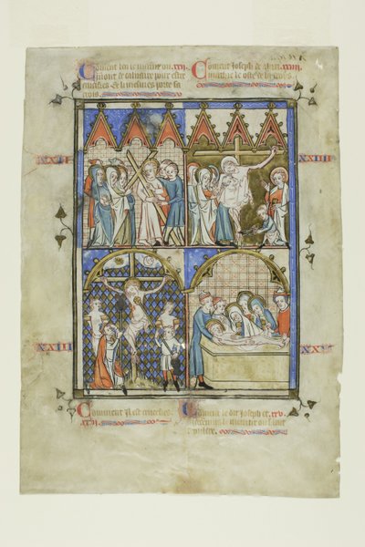 Blad uit een voorstellingencyclus: Christus draagt het kruis, De kruisiging, De kruisafneming en de graflegging door Unknown artist