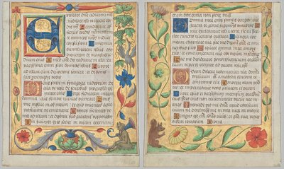 Blad uit een Psalter en Gebedenboek: Initiaal E met Sierlijke Rand Bevat een Zittende Sater en een Vogel die Druiven Eet (recto) en Sierlijke Rand met Bloemen en Eekhoorn (verso) (2 van 3 Uitgesneden Bladen) door Unknown artist