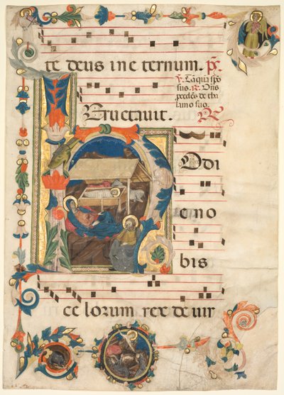 Blad uit een Antifonarium met Geïllustreerde Initiaal (H) met De Geboorte (recto) door Unknown artist