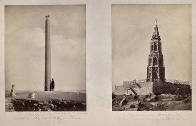 Links: [Ashoka Pijler verplaatst naar zijn huidige positie door Feroz Shah]. Rechts: Herdenkingsmonument van de Britse soldaten in 1859 door Unknown artist