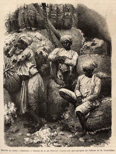 Les ouvriers Parsi au repos, au marché au coton de Bombay. Gravure ter illustratie van de reis in de zuidelijke provincies van India, door Alfred Grandidier, in 1862-1864, gepubliceerd in 