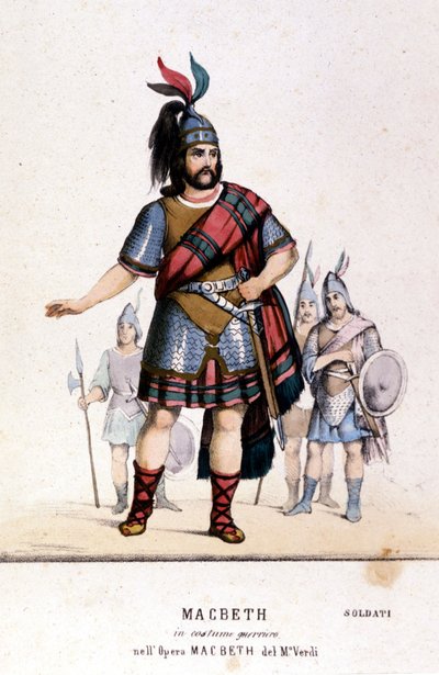 Macbeth personage in een krijgerskostuum in de gelijknamige opera door Giuseppe Verdi (1813 - 1901) naar het werk van William Shakespeare. 1847. Gravure. door Unknown artist