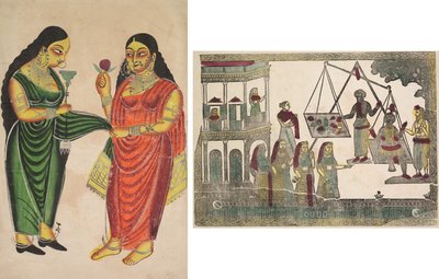 Dienstmeid Brengt een Waterpijp naar een Dame (recto); Krishna Gewogen tegen Kostbare Voorwerpen (?) (verso) door Unknown artist