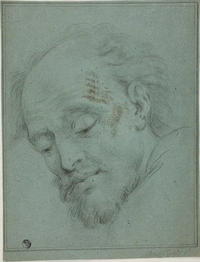 Mannelijk hoofd naar beneden kijkend door Unknown artist