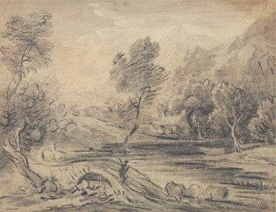 Man die een Gebogen Brug over een Rivier Oversteekt met Drinkend Vee door Unknown artist