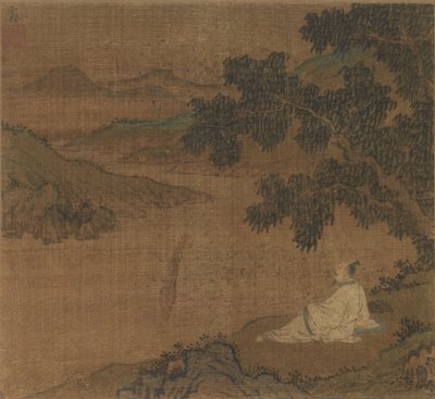 Man op een Heuvel onder een Boom met Uitzicht op een Rivier door Unknown artist
