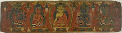 Manuscriptomslag met Boeddha, twee bodhisattva