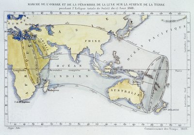 Kaart, gepubliceerd door het Bureau van Lengtegraden, die de mars van de schaduw en duisternis van de Maan op het aardoppervlak tijdens de zonsverduistering van 1868 toont door Unknown artist