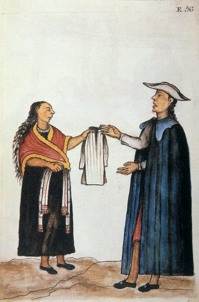 Huwelijksregeling tussen indianen, onderhandeling over de uitzet van de bruid, uit het boek "Trujillo del Peru" of "Códice Martínez Compañón", door Baltazar Martinez Compañón y Bujanda, bisschop van Trujillo (1782-1785) door Unknown artist