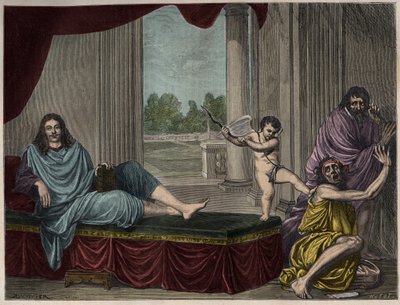 Molière Jean Baptiste Poquelin (1622-1673) roept de Geest van de komedie op om ondeugd neer te slaan en hypocrisie te ontmaskeren - Gravure naar een schilderij dat verdween in de 17e eeuw door Unknown artist