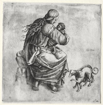 Moeder en Kind met Twee Honden door Unknown artist
