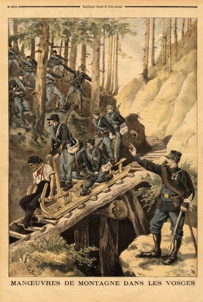 Bergmanoeuvre in de Vogezen van een bataljon alpine jagers met een verzoek om een schlitte, slee voor houtkap. Gravure in "Le petit journal" 19/07/1896. Selva
