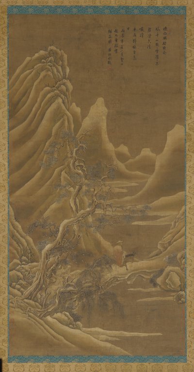 Bergen, een rivier en pijnbomen - een man op een ezel door Unknown artist