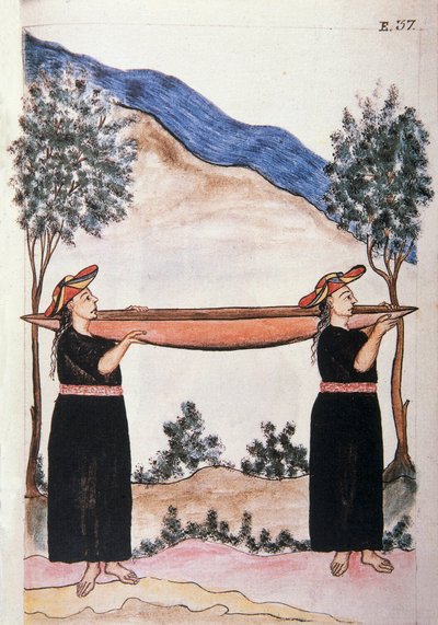 Moyobamba-indianen dragen hun kano, uit het boek "Trujillo del Peru" of "Códice Martínez Compañón", door Baltazar Martinez Compañón y Bujanda, bisschop van Trujillo (1782-1785) door Unknown artist