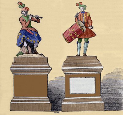 Muzikantenautomaten: De traversiere fluitspeler (1737) en de tamboerijnspeler (1738). Gemaakt door Jacques de Vaucanson (1709-1782), Franse ingenieur door Unknown artist