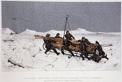 Bij de rivier, Golf van St. Lawrence: boot op een slee, nabij Brule en Cape Tormentin - in "Sketches of canadian sports and pastimes" door Luitenant Henry Buckton Laurence door Unknown artist