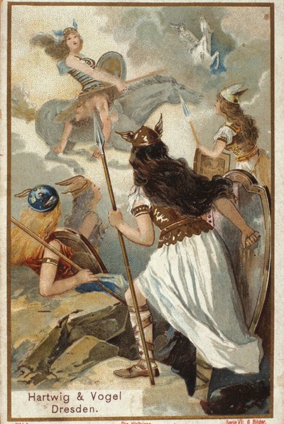 Noordse mythologie: De Walkuren (krijgsmaagden) in Valhalla en de val van krijgers in de strijd. Chromolithografie uit de 19e eeuw door Unknown artist
