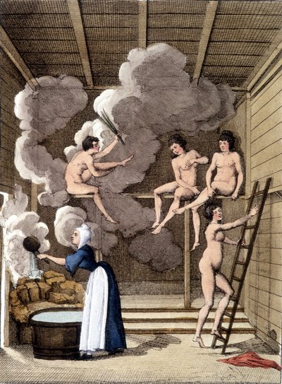 Naakte personages in een Finse sauna. Gravure uit 1811 bevat een boek over de reis. door Unknown artist
