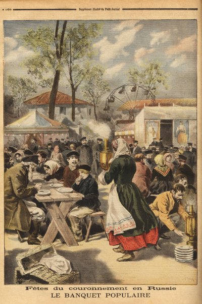 Ter gelegenheid van de kroning van Tsaar Nicolaas II wordt een volksbanket aangeboden aan 500.000 Russen op het Khodinskoie manoeuvreveld in Moskou, voorafgegaan door theatervoorstellingen. Gravure in "Le petit journal" 17/05/1896. Selva