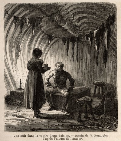 Een nacht in de buik van een walvis, de auteur wordt verwelkomd tijdens zijn reis in een boer, huis van vissers, waarvan het frame en de meubels zijn gemaakt van het skelet van de enorme walvis en van de huiden van zeehonden, paarden en honden. Gravure ter door Unknown artist