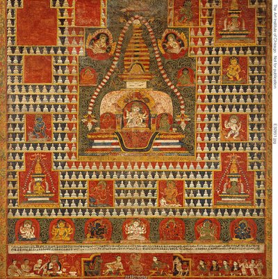Geschilderde banier (paubha) van Godin Ushnishavijaya binnen een grafheuvel (chaitya) en omringd door Chaitya