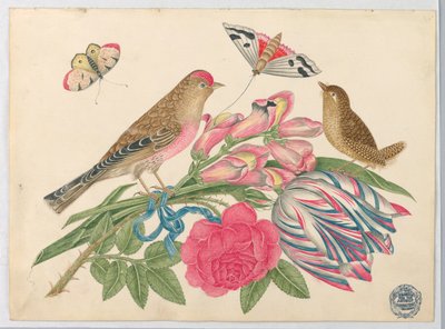 Paar Bruine Vogels op Boeket met Tulp, Roos en Leeuwenbekken, met Vlinders door Unknown artist