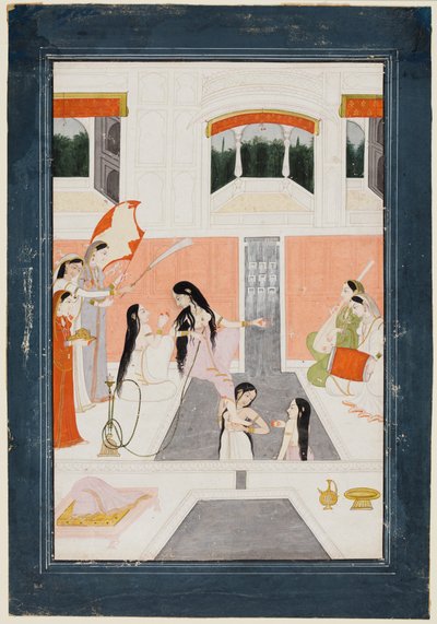 Paleisdames genieten van muziek naast een waterval door Unknown artist