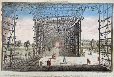 Perspectiefweergave van de prachtige wieg die zich in de tuin van de gouverneur in Pondichery (Pondicherry) bevindt, stad van Oost-Indië aan de kust van Coromandel - gravure door Unknown artist