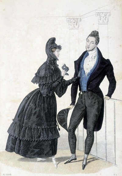 Plaat die de mannelijke en vrouwelijke mode van de jaren 1830 illustreert. De vrouw draagt een jurk met een kap en houdt een balmasker in haar handen. door Unknown artist