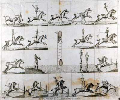 Plaque van 19 prenten die de dapperheid van de Engelse voltiger Mr Price uitbeelden. Circa 1790 door Unknown artist