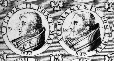 Pausen Victor II (of Victor 2 overleden 1057) en Stefanus IX (of Stefanus 9 overleden 1058). Gravure uit de 18e eeuw door Unknown artist