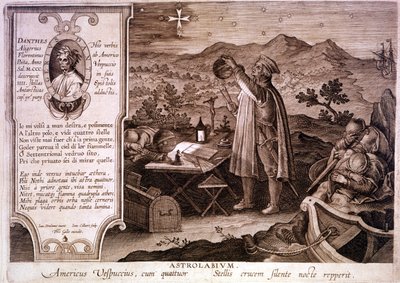 Portret van Amerigo Vespucci (1454 - 1512), Italiaanse navigator, afgebeeld terwijl hij een astrolabium gebruikt. In een doos links is een portret van Dante Alighieri evenals een passage van het eerste lied van het Vagevuur van de Goddelijke Komedie. Gravu door Unknown artist