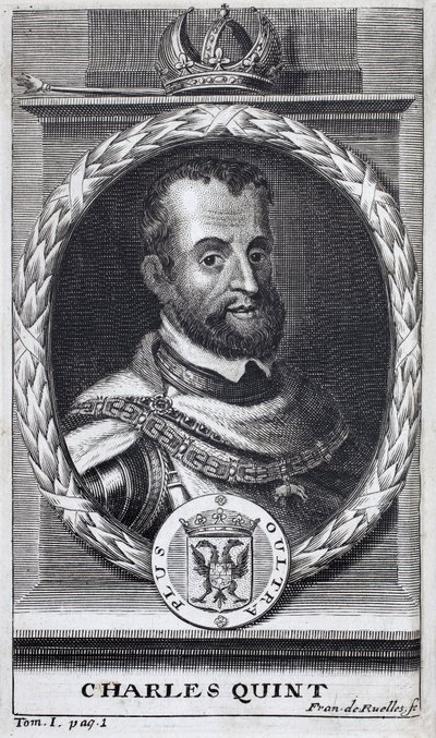 Portret van Karel V (1500-1558), koning van Spanje en Spaans-Amerika, koning van Sicilië en keizer van het Heilige Roomse Rijk (1519-1556). Gravure ter illustratie van 