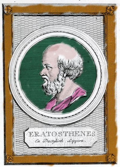 Portret van Eratosthenes van Cyrene (ca. 284 v.Chr. - 194 v.Chr.), Griekse wetenschapper, geograaf en dichter. Hij was directeur van de bibliotheek van Alexandrië en berekende de omtrek van de aarde. Portret uit de 