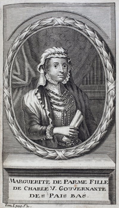 Portret van Margarita van Parma (of Margarita van Oostenrijk) (1522-1586), hertogin van Parma en Piacenza, natuurlijke dochter van Karel V (1500-1558) en gouvernante van de Nederlanden (Nederland) van 1559-1581. Gravure ter illustratie van 