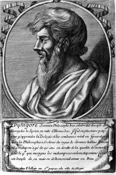 Portret van Pythagoras (ca. 570 - ca. 480 v.Chr.), Griekse wiskundige en filosoof. Gravure uit de 18e eeuw. door Unknown artist