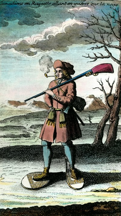 Portret van een Canadees in sneeuwschoenen op de sneeuw op weg naar de oorlog. 18e eeuwse gravure. Privécollectie. door Unknown artist